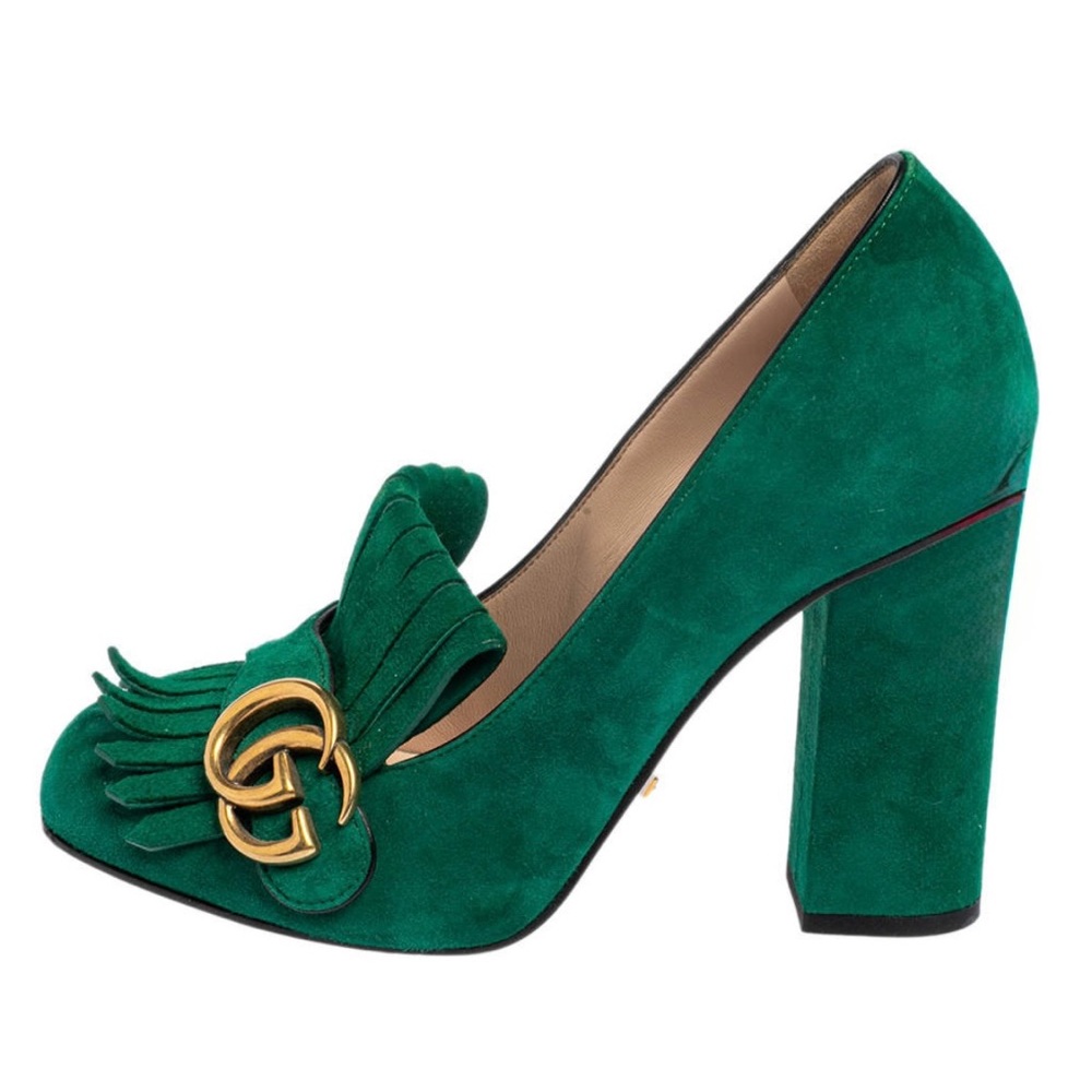 Gucci Green Suede Fringed Block Heel Pumps with Gold Double G - Picture 2 of 11